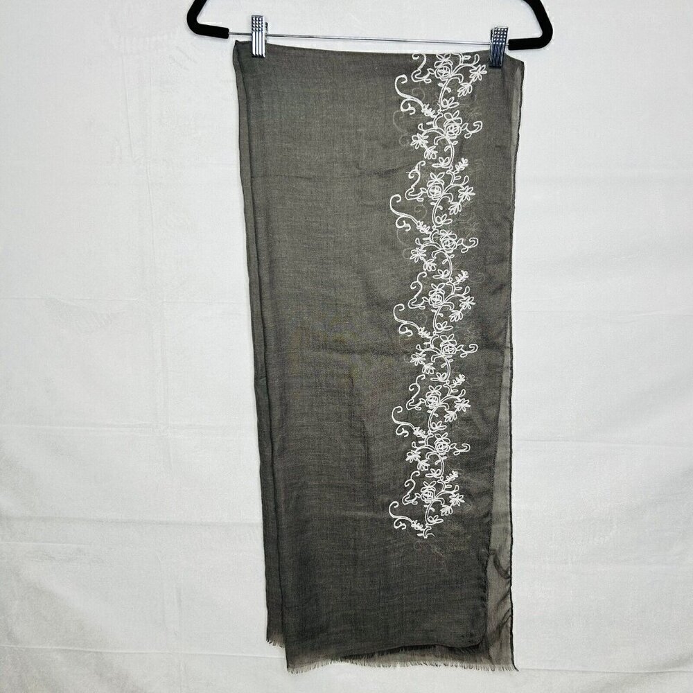 Frankie And Stein Scarf Pashmina Gray White Embroidered 70x28 Raw Edge